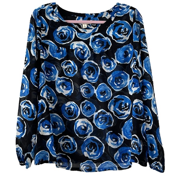 Old Navy Studio Spotlight Women’s Blue Floral Chiffon Long‎ Sleeve Blouse Sz L - Picture 1 of 6
